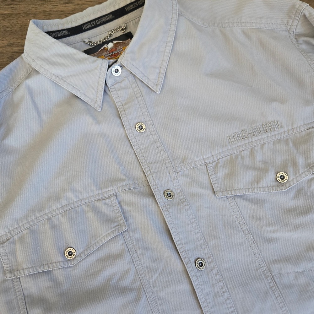 Harley-Davidson Mens XL Gray Long Sleeve Button Down Biker Shirt Cotton Ribbed